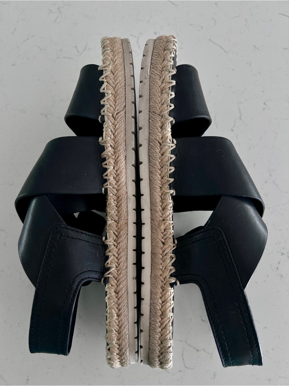 Vince Tenison Espadrille Sandals Black Leather Size 9M Jute Trim Designer Casual